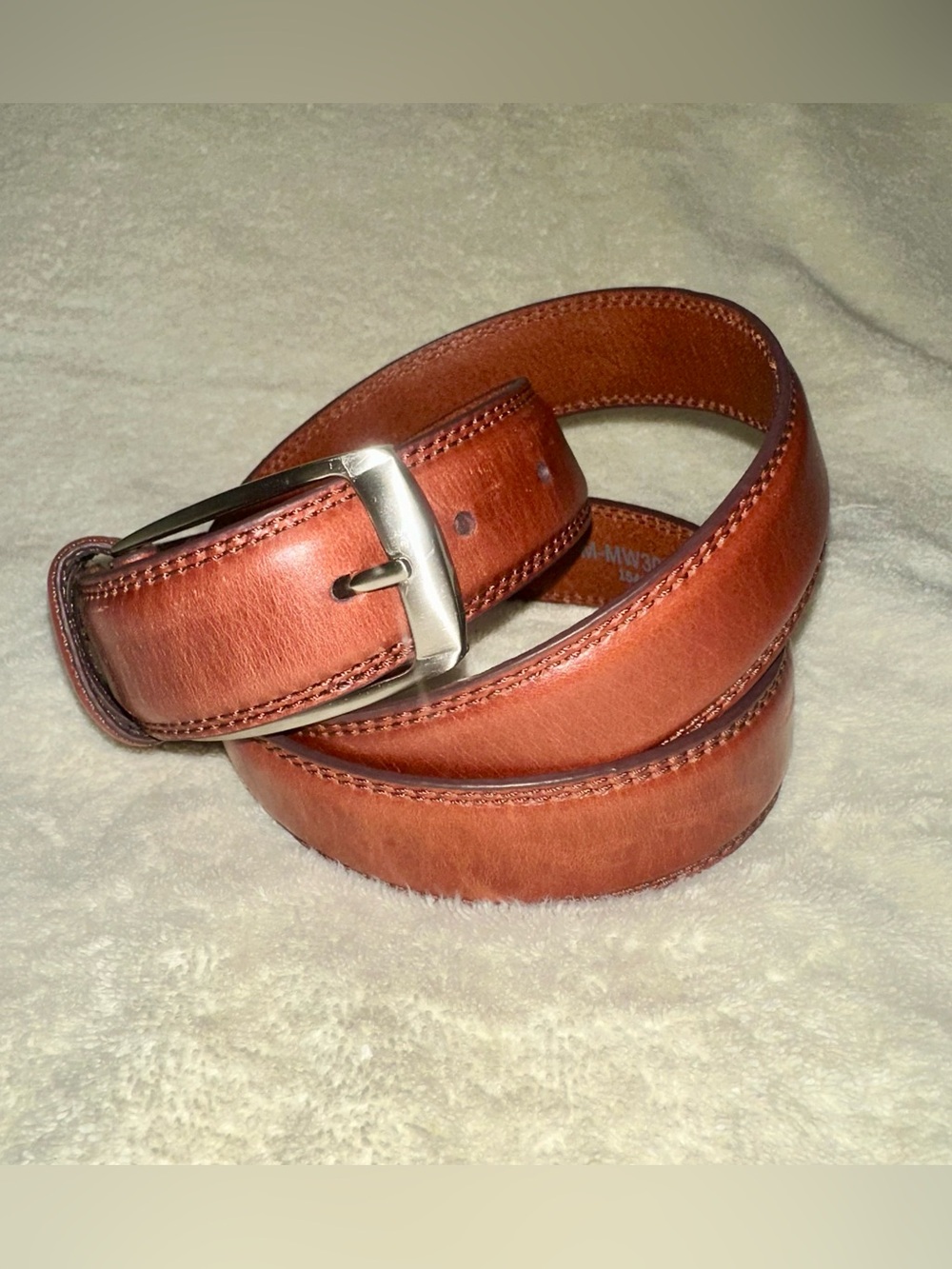 Men's Cognac Brown Genuine Leather Belt Size 42 Hand Made 4-Piece Construction